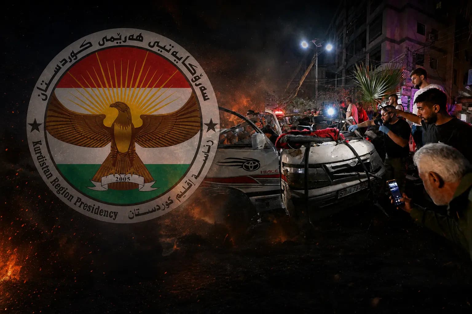 Kurdistan Region Presidency logo and the bombing in Syria on August 6, 2026.