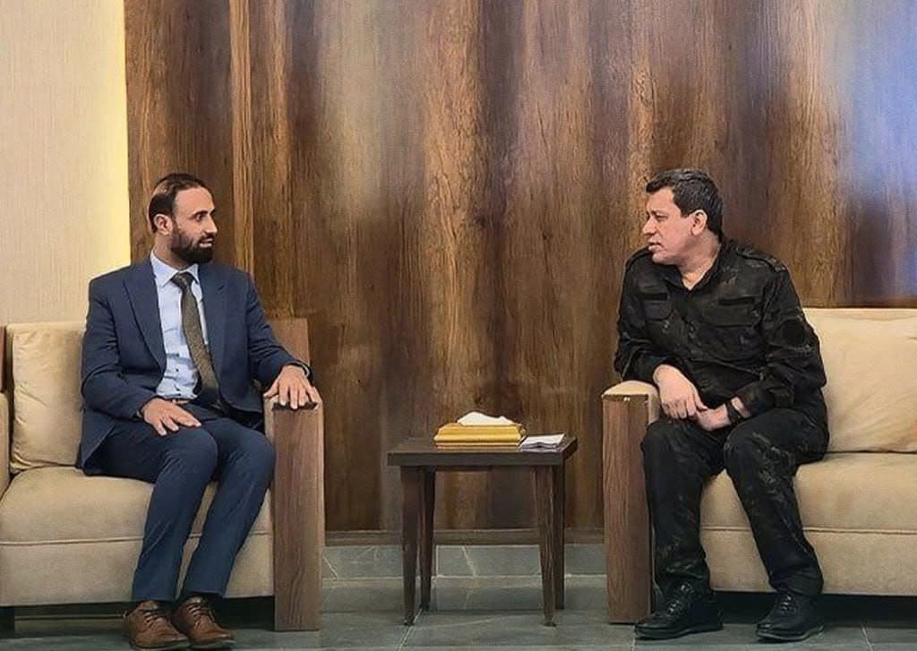 Mazloum Abdi, commander of the Kurdish-led Syrian Democratic Forces (SDF), meets Ziad al-Ayesh, envoy of Syrian interim President Ahmed al-Sharaa, on March 2, 2026. Photo: SANA