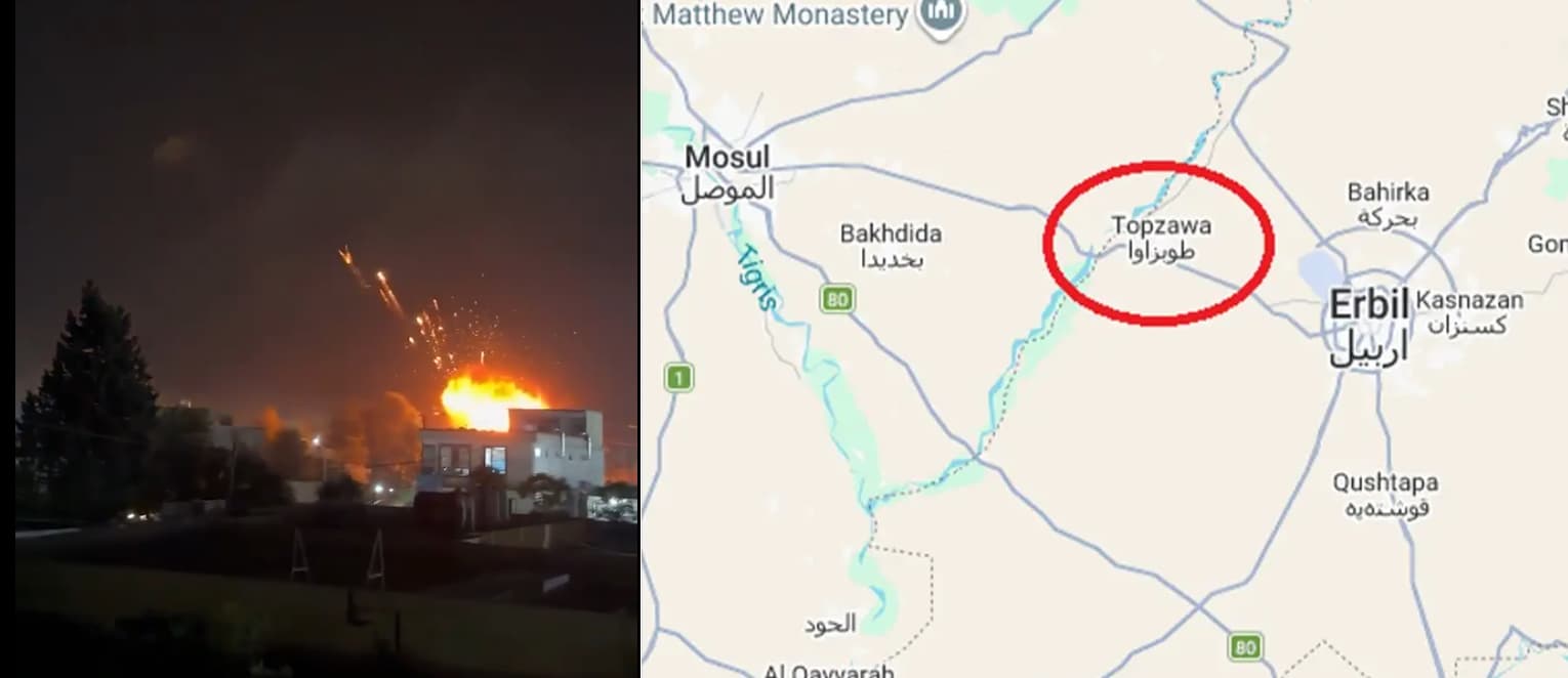 The drone attack at Khabat base on October 8, 2026 and Google map of Rizgari. Graphic: Rudaw